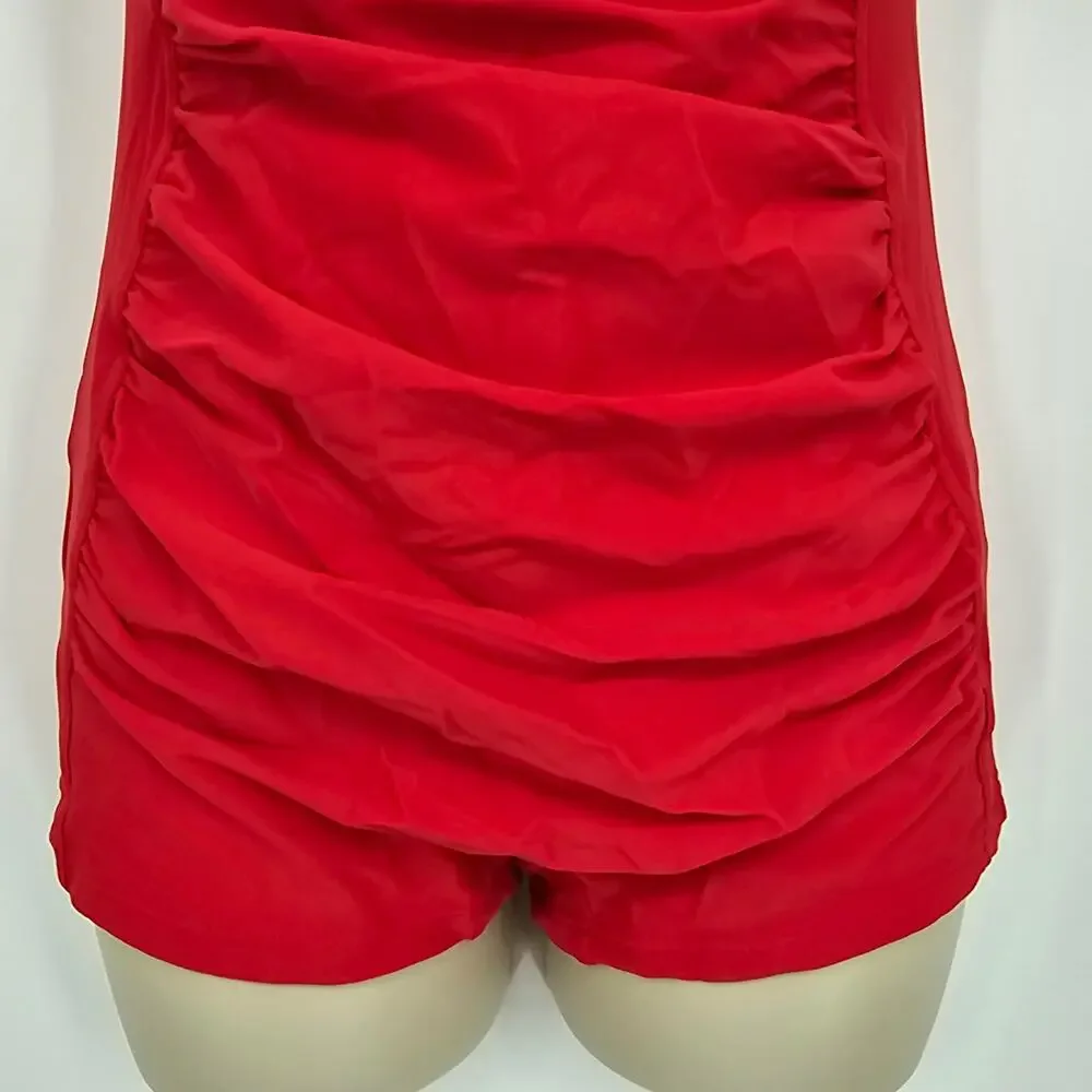 Tempt Me Womans size 5XL Retro Halter Boyleg Ruched One Piece Swimsuit Red NWOT